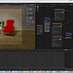 The interface of Blender shows that it is not an easy thing to operate and adjust. The second large window above shows the settings in the Shading Editor for the floor only.