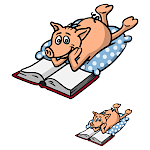 Vector illustration of a pig happily reading.